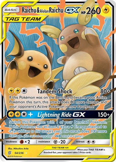 Raichu & Alolan Raichu GX - 54/236 (Ultra Rare) [UNM-54-UR]