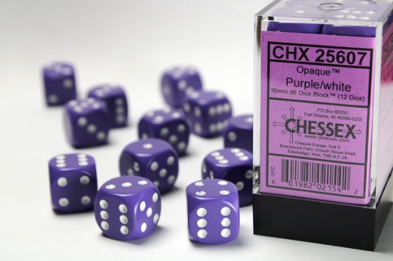 Opaque Purple/white 16mm d6 Dice Block (12 dice)