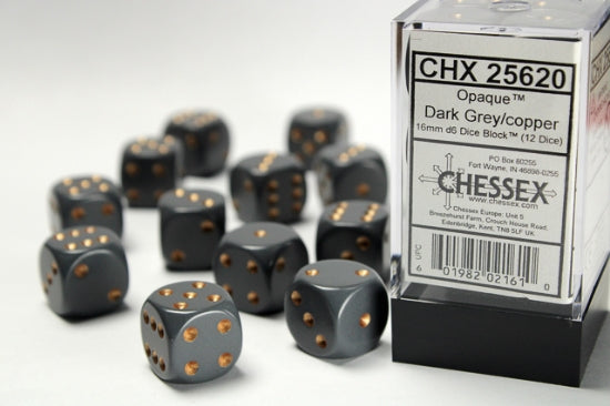 Opaque Dark Grey/copper 16mm d6 Dice Block (12 dice)