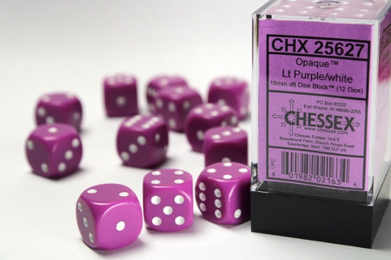 Opaque Light Purple/white 16mm d6 Dice Block (12 dice)