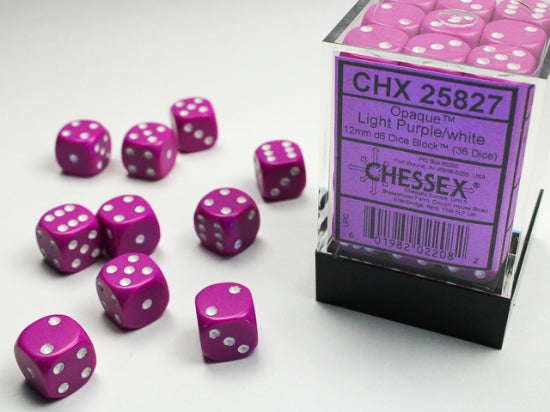 Opaque Light Purple/white 12mm d6 Dice Block (36 dice)