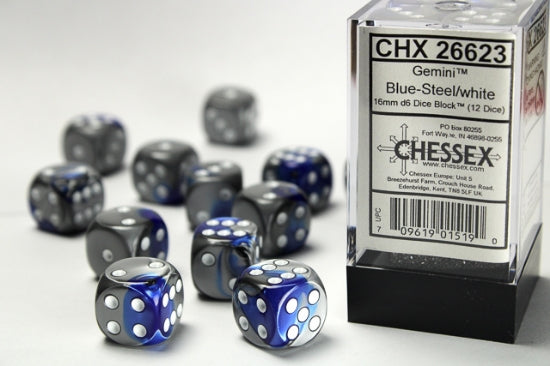 Gemini Blue-Steel/white 16mm d6 Dice Block (12 dice)