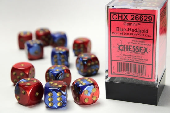 Gemini Blue-Red/gold 16mm d6 Dice Block (12 dice)