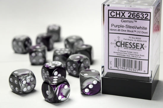 Gemini Purple-Steel/white 16mm d6 Dice Block (12 dice)