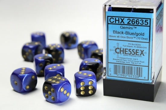 Gemini Black-Blue/gold 16mm d6 Dice Block (12 dice)