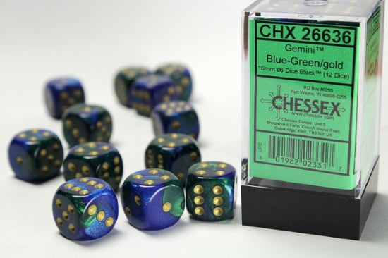 Gemini Blue-Green/gold 16mm d6 Dice Block (12 dice)