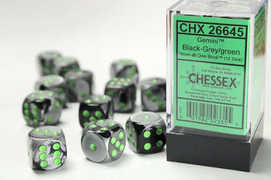 Gemini Black-Grey/green 16mm d6 Dice Block (12 dice)