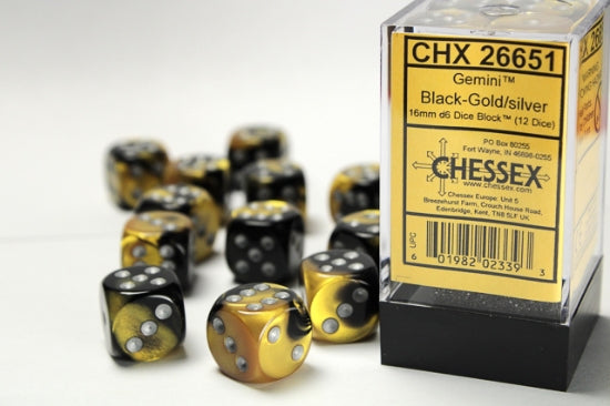 Gemini Black-Gold/silver 16mm d6 Dice Block (12 dice)