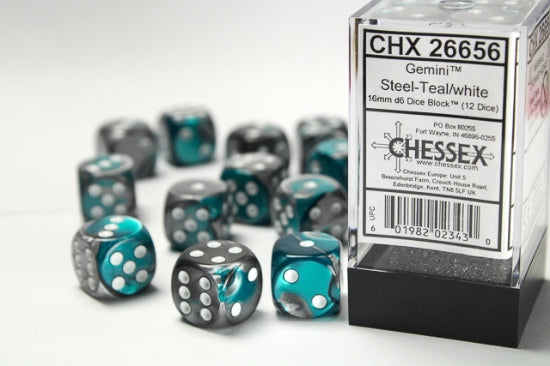 Gemini Steel-Teal/white 16mm d6 Dice Block (12 dice)