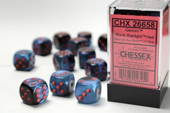 Gemini Black-Starlight/red 16mm d6 Dice Block (12 dice)