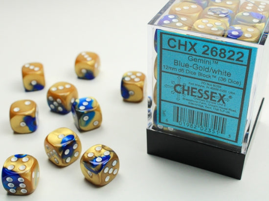 Gemini Blue-Gold/white 12mm d6 Dice Block (36 dice)