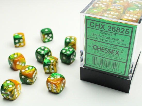 Gemini Gold-Green/white 12mm d6 Dice Block (36 dice)