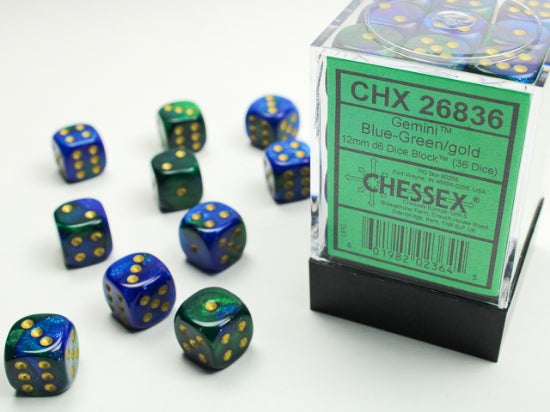 Gemini Blue-Green/gold 12mm d6 Dice Block (36 dice)