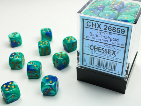 Gemini Blue-Teal/gold 12mm d6 Dice Block (36 dice)