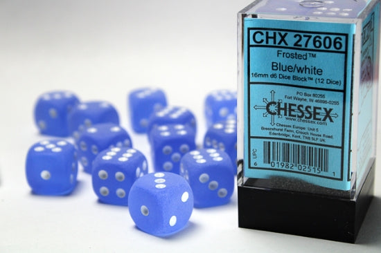 Frosted Blue/white 16mm d6 Dice Block (12 dice)