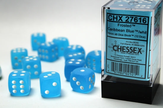 Frosted Caribbean Blue/white 16mm d6 Dice Block (12 dice)