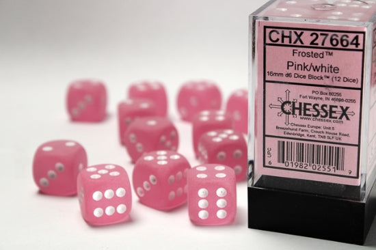 Frosted Pink/white 16mm d6 Dice Block (12 dice)