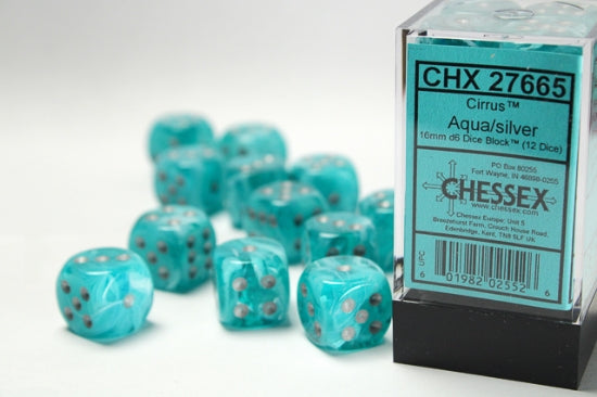 Cirrus Aqua/silver 16mm d6 Dice Block (12 dice)