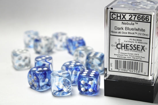 Nebula Dark Blue/white 16mm d6 Dice Block (12 dice)