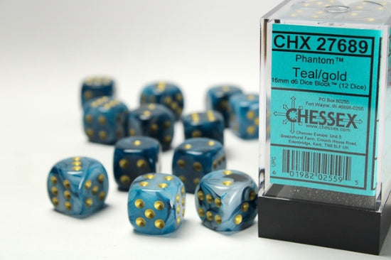 Phantom Teal/gold 16mm d6 Dice Block (12 dice)