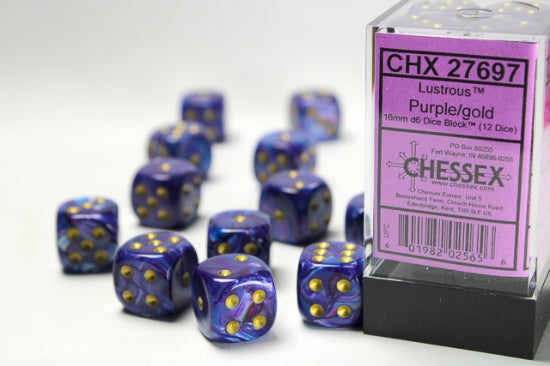 Lustrous Purple/gold 16mm d6 Dice Block (12 dice)