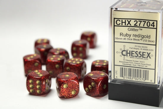 Glitter Ruby/gold 16mm d6 Dice Block (12 dice)