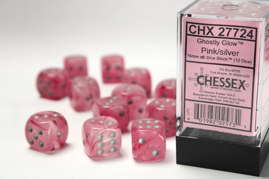 Ghostly Glow Pink/silver 16mm d6 Dice Block (12 dice)