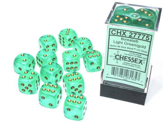 Borealis Light Green/gold Luminary 16mm d6 Dice Block (12 dice)