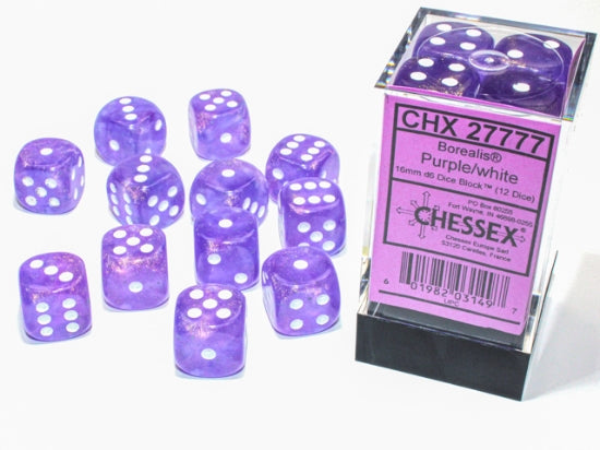 Borealis Purple/white Luminary 16mm d6 Dice Block (12 dice)