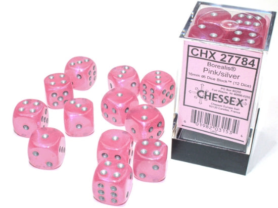 Borealis Pink/silver Luminary 16mm d6 Dice Block (12 dice)