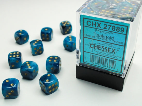 Phantom Teal/gold 12mm d6 Dice Block (36 dice)