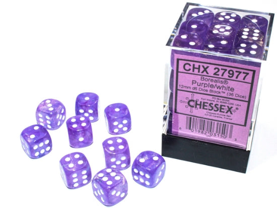 Borealis Purple/white Luminary 12mm d6 Dice Block (36 dice)